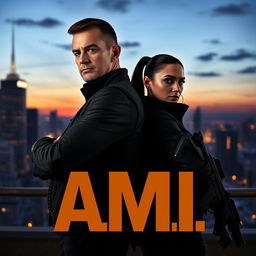 Two secret agents standing back to back in a dramatic pose, their expressions serious and determined