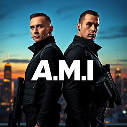 Two secret agents standing back to back in a dramatic pose, their expressions serious and determined