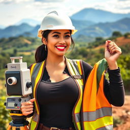 A beautiful Indonesian woman with large breasts, depicted as a confident and skilled geodetic worker