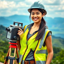 A beautiful Indonesian woman with large breasts, depicted as a confident and skilled geodetic worker