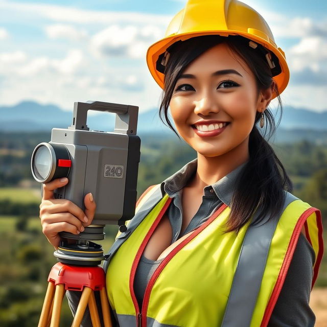 A beautiful Indonesian woman with large breasts, depicted as a confident and skilled geodetic worker