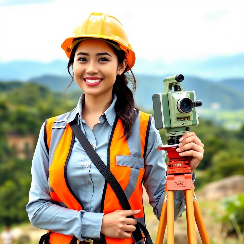 A beautiful Indonesian woman with large breasts, depicted as a confident and skilled geodetic worker