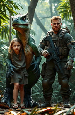 A scared girl standing beside her raptor brother, who has vibrant green and blue feathers, showcasing its powerful physique and sharp talons