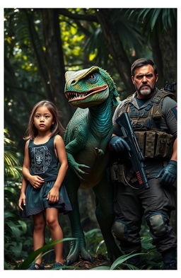 A scared girl standing beside her raptor brother, who has vibrant green and blue feathers, showcasing its powerful physique and sharp talons