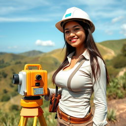 A beautiful Indonesian woman with large breasts, depicted as a skilled topographer working in a stunning natural environment