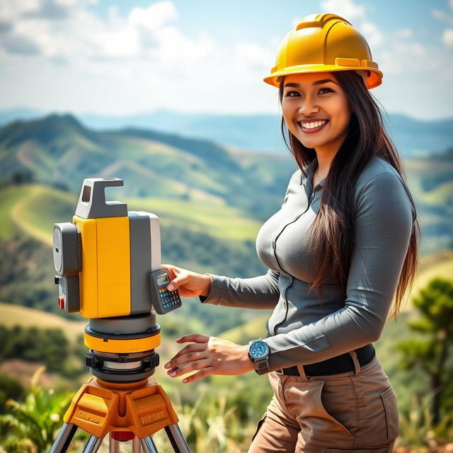 A beautiful Indonesian woman with large breasts, depicted as a skilled topographer working in a stunning natural environment