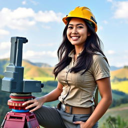 A beautiful Indonesian woman with large breasts, depicted as a skilled topographer working in a stunning natural environment