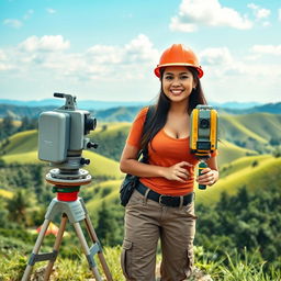 A beautiful Indonesian woman with large breasts, depicted as a skilled topographer working in a stunning natural environment