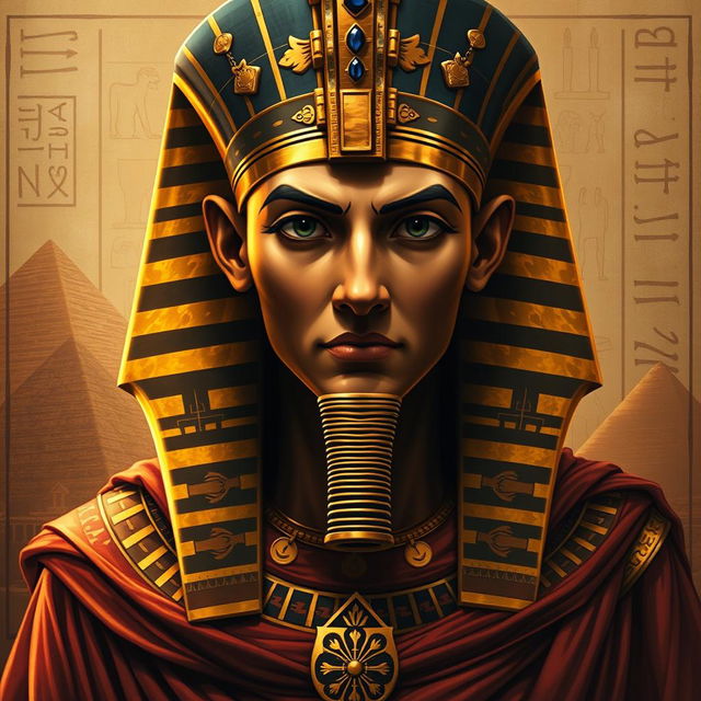 A striking portrait of Khufu, the ancient Egyptian pharaoh, depicted with traditional pharaonic attire that includes an ornate, gold-plated headdress adorned with intricate designs and lapis lazuli