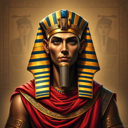 A striking portrait of Khufu, the ancient Egyptian pharaoh, depicted with traditional pharaonic attire that includes an ornate, gold-plated headdress adorned with intricate designs and lapis lazuli