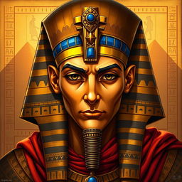 A striking portrait of Khufu, the ancient Egyptian pharaoh, depicted with traditional pharaonic attire that includes an ornate, gold-plated headdress adorned with intricate designs and lapis lazuli