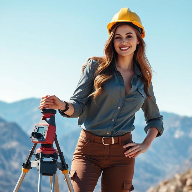 A beautiful European woman with large breasts, depicted as a sexy and confident topographer in an outdoor setting