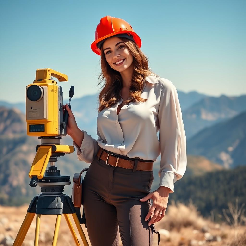 A beautiful European woman with large breasts, depicted as a sexy and confident topographer in an outdoor setting