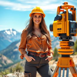 A beautiful European woman with large breasts, depicted as a sexy and confident topographer in an outdoor setting