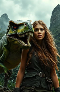 A stunningly beautiful woman with long flowing hair, marked by an intense look of surprise and fear, standing beside a menacing Velociraptor