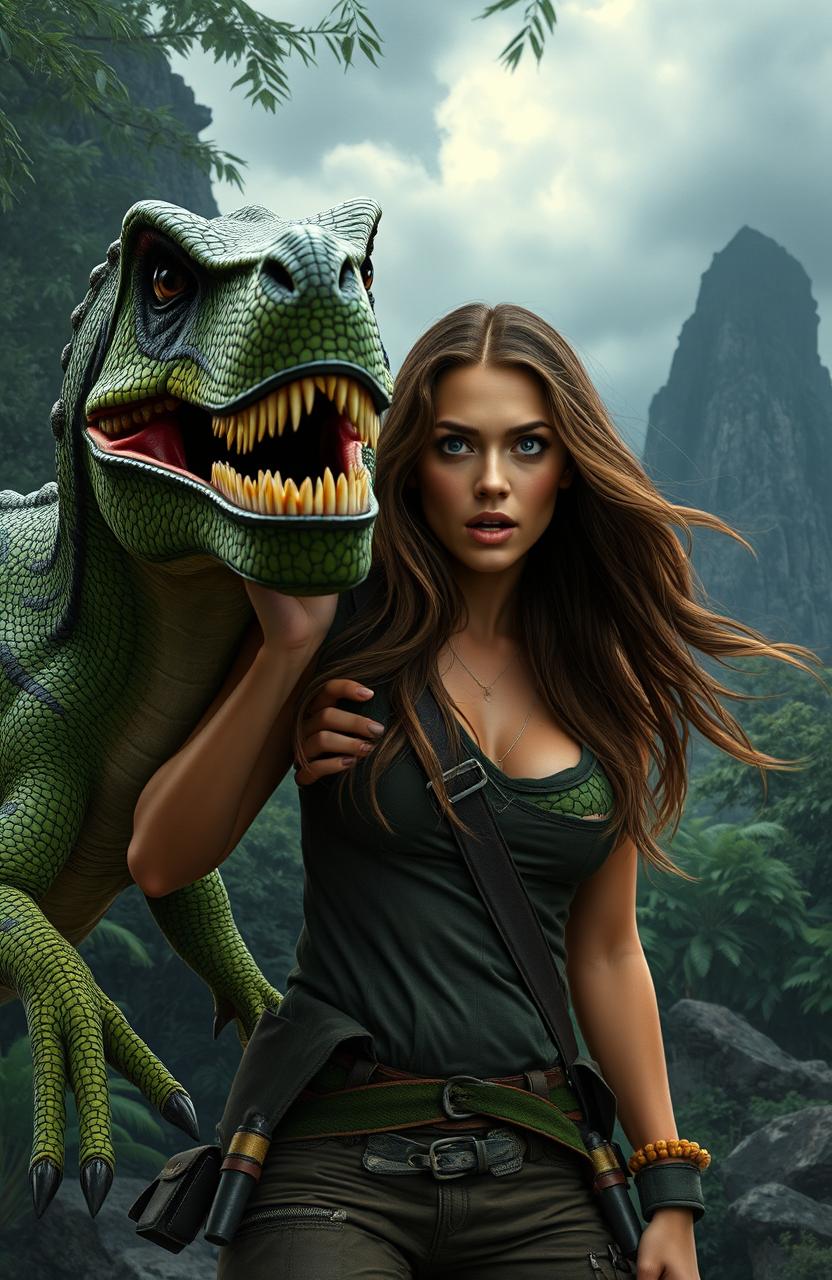 A stunningly beautiful woman with long flowing hair, marked by an intense look of surprise and fear, standing beside a menacing Velociraptor