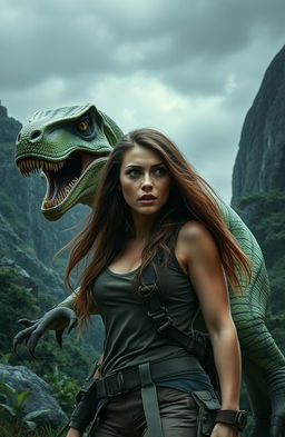A stunningly beautiful woman with long flowing hair, marked by an intense look of surprise and fear, standing beside a menacing Velociraptor
