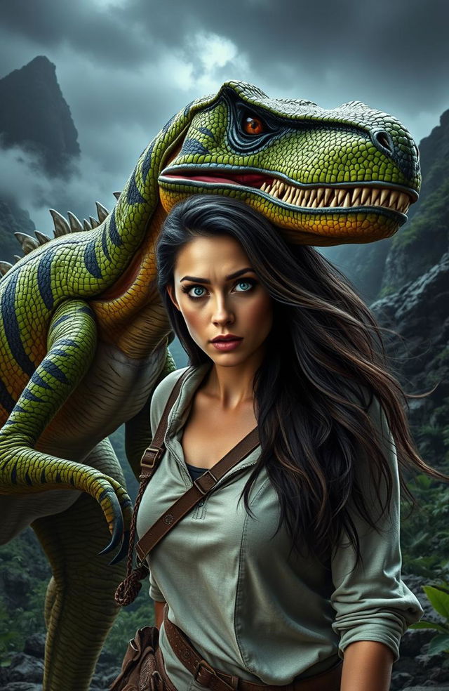 A stunningly beautiful woman with long flowing hair, marked by an intense look of surprise and fear, standing beside a menacing Velociraptor