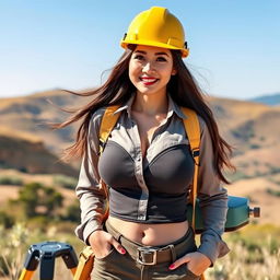 A beautiful South Korean woman with large breasts, portrayed as a sexy and confident topographer in an outdoor environment