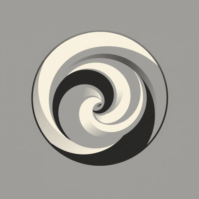 An artistic emblem featuring a modern and sleek design, primarily using shades of grey, black, white, and cream