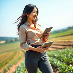A beautiful South Korean woman with large breasts, portrayed as a sexy and confident agribusiness consultant in a professional outdoor setting