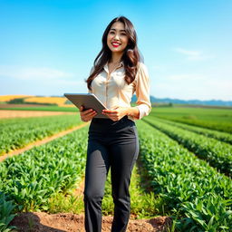 A beautiful South Korean woman with large breasts, portrayed as a sexy and confident agribusiness consultant in a professional outdoor setting