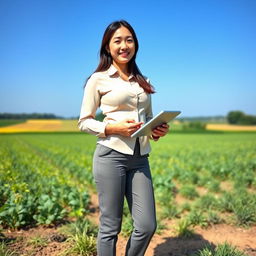 A beautiful South Korean woman with large breasts, portrayed as a sexy and confident agribusiness consultant in a professional outdoor setting
