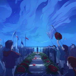 Continuing the Makoto Shinkai-themed illustration from the poem, depicting a scene where people are honoring the fallen captain. They are raising flags, playing bugles, laying bouquets and ribboned wreaths, with eager faces turned towards the sea.