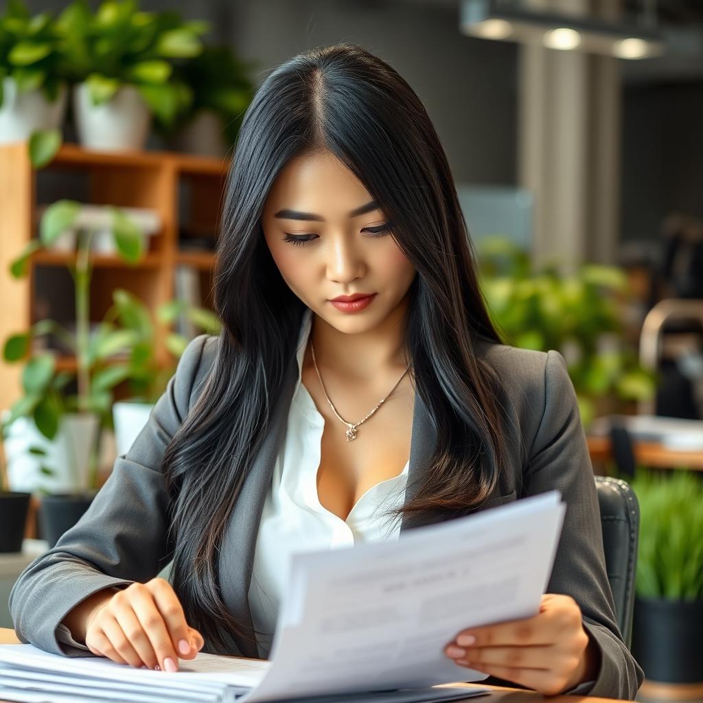 A beautiful South Korean woman with large breasts, dressed in professional attire, confidently working as an agribusiness consultant