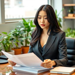 A beautiful South Korean woman with large breasts, dressed in professional attire, confidently working as an agribusiness consultant