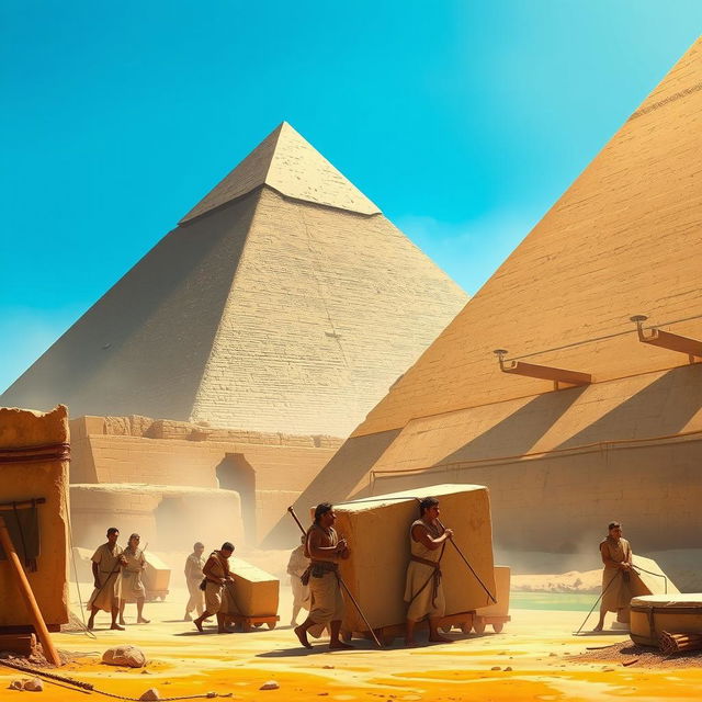 An impressive illustration of the Great Pyramid of Giza towering majestically in the background, showcasing its monumental size and architectural grandeur