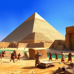 An impressive illustration of the Great Pyramid of Giza towering majestically in the background, showcasing its monumental size and architectural grandeur