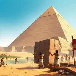 An impressive illustration of the Great Pyramid of Giza towering majestically in the background, showcasing its monumental size and architectural grandeur