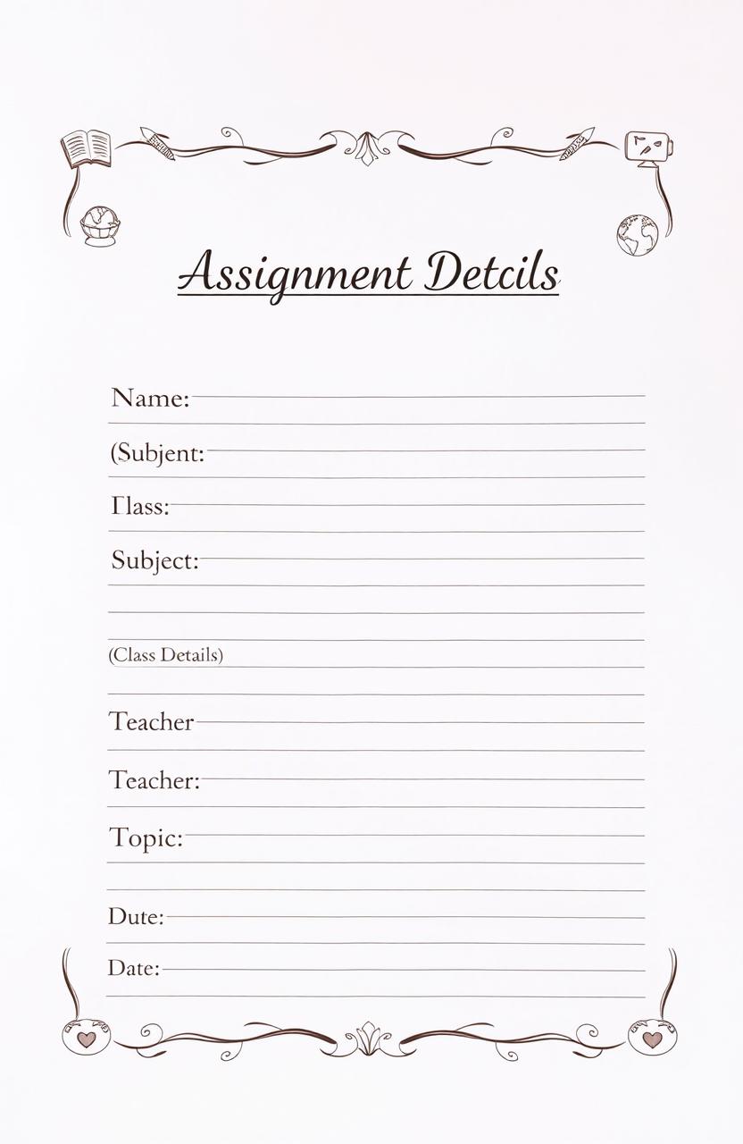 A beautifully organized school assignment sheet with the following details: At the top, the title 'Assignment Details'