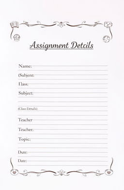 A beautifully organized school assignment sheet with the following details: At the top, the title 'Assignment Details'