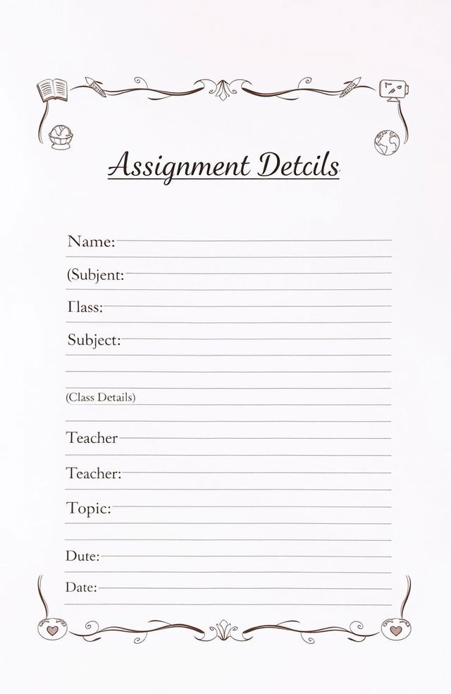 A beautifully organized school assignment sheet with the following details: At the top, the title 'Assignment Details'