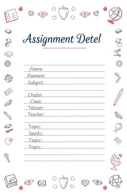 A beautifully organized school assignment sheet with the following details: At the top, the title 'Assignment Details'