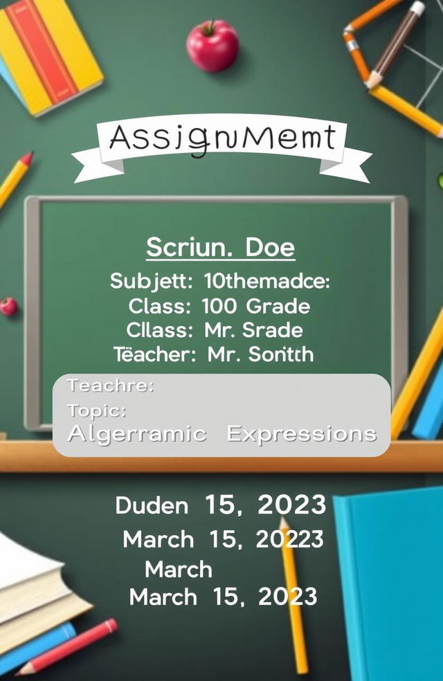 A beautifully organized school assignment sheet featuring the following information: Name: John Doe, Subject: Mathematics, Class: 10th Grade, Teacher: Mr