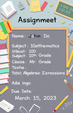 A beautifully organized school assignment sheet featuring the following information: Name: John Doe, Subject: Mathematics, Class: 10th Grade, Teacher: Mr