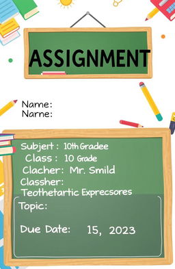 A beautifully organized school assignment sheet featuring the following information: Name: John Doe, Subject: Mathematics, Class: 10th Grade, Teacher: Mr