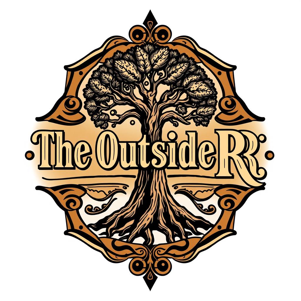 A logo design for a woodworking business called 'The OutsideR', featuring an intricate illustration of an Araucaria tree integrated into the design