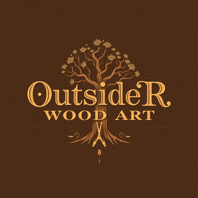 A logo design for a woodworking business named 'OutsideR Wood Art', featuring an elegant illustration of an Araucaria tree integrated into the design