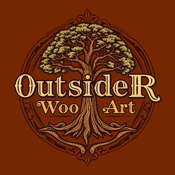 A logo design for a woodworking business named 'OutsideR Wood Art', featuring an elegant illustration of an Araucaria tree integrated into the design