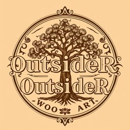 A logo design for a woodworking business named 'OutsideR Wood Art', featuring an elegant illustration of an Araucaria tree integrated into the design