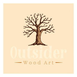 A logo design for a woodworking business named 'Outsider Wood Art', prominently featuring an artistic illustration of an Araucaria tree