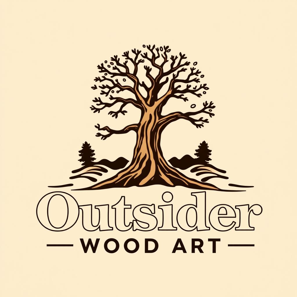 A logo design for a woodworking business named 'Outsider Wood Art', prominently featuring an artistic illustration of an Araucaria tree