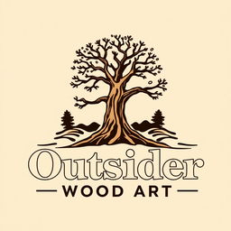 A logo design for a woodworking business named 'Outsider Wood Art', prominently featuring an artistic illustration of an Araucaria tree