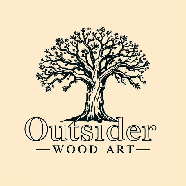 A logo design for a woodworking business named 'Outsider Wood Art', prominently featuring an artistic illustration of an Araucaria tree