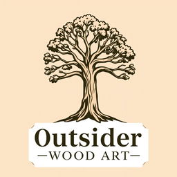 A logo design for a woodworking business named 'Outsider Wood Art', prominently featuring an artistic illustration of an Araucaria tree