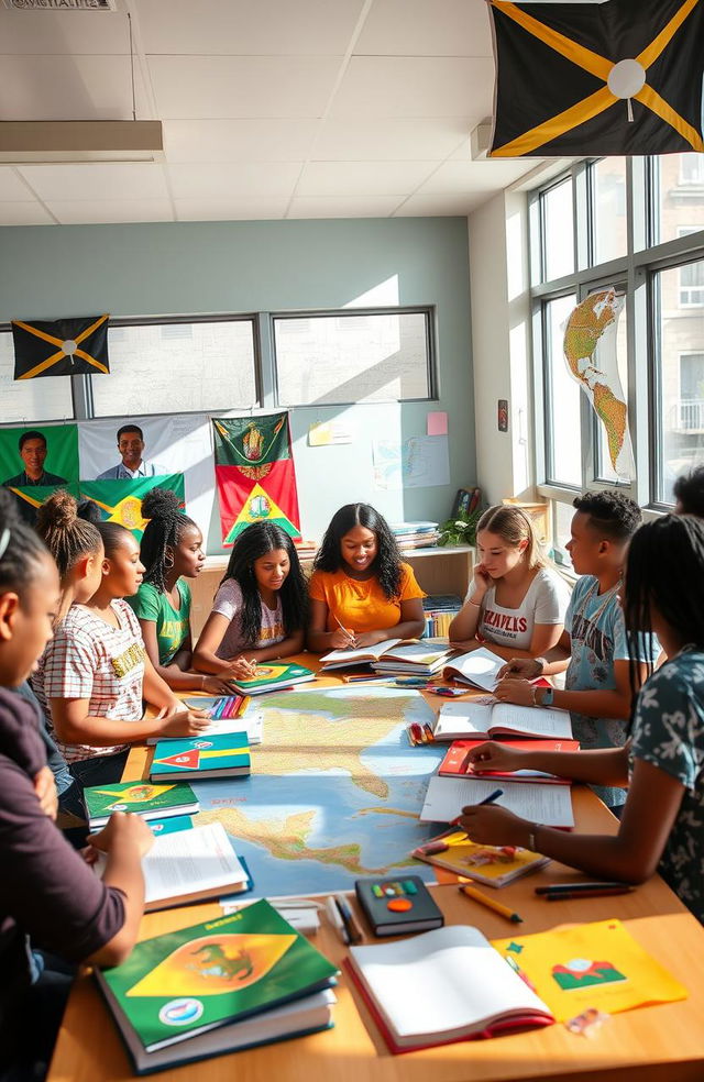 A classroom setting featuring a diverse group of high school students engaging in a project about cultural diversity in the Caribbean region